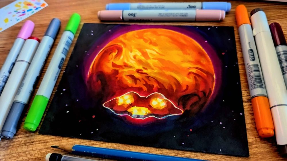 a large warm-colored planet sits in space, approached by a small wide space ship