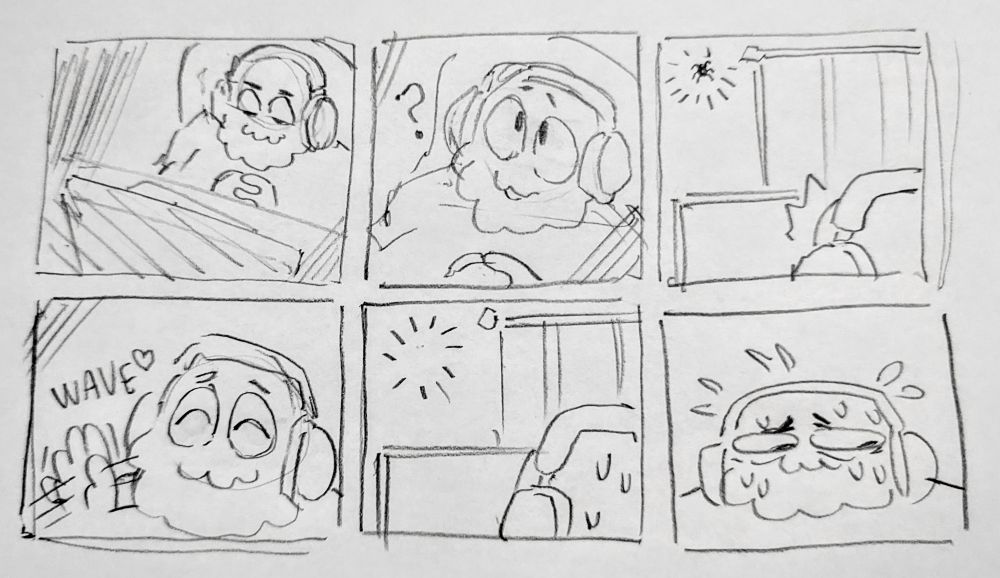 6 panel comic

it starts with me watching TV at night - I look up and see a spider on the wall. I wave to it happily but when I look back it's gone. in the final panel I look around nervously