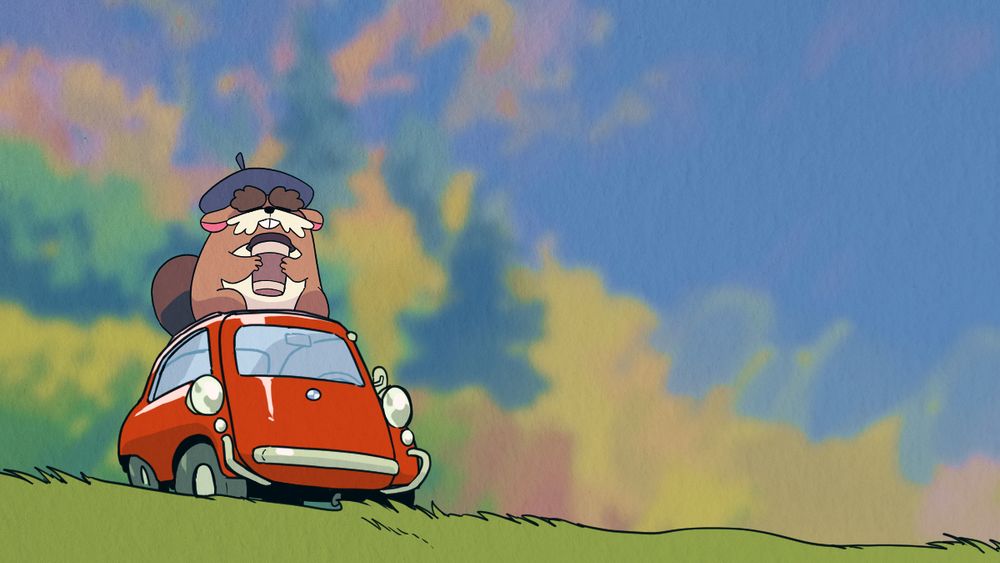 illustration of a cartoon beaver wearing a beret, holding a hot chocolate, sitting atop a cute little car. around them are the colours of autumn!