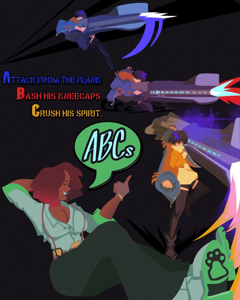 In the foreground, Giovanna is lounging and recalling with a smile her drills from Strive involving the "ABC's". Behind her, are three action poses of Unika with her massive anti-gear gun blasting as she interprets the "ABC's" in her own Unika way. The A is for "Attack from the flank". The B is for "Bash his kneecaps." The C is for "Crush his spirit."
