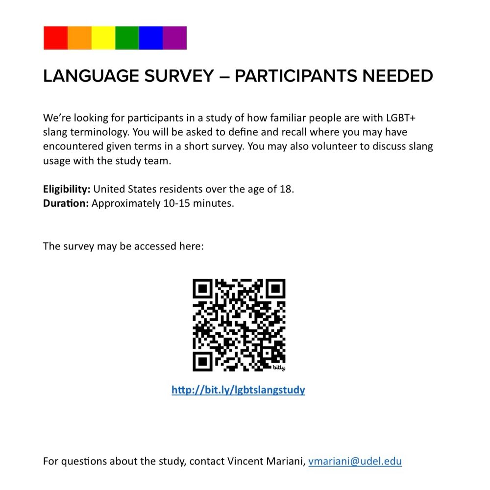 [Begin Image]

LANGUAGE STUDY - PARTICIPANTS NEEDED
We’re looking for participants in a study of how familiar people are with LGBT+ slang terminology. You will be asked to define and recall where you may have encountered given terms in a short survey. You may also volunteer to discuss slang usage with the study team. 

Eligibility: United States residents over the age of 18
Duration: Approximately 10-15 minutes

The survey may be accessed here:
[Image of a QR code]
http://bit.ly/lgbtslangstudy

For questions about the study, contact Vincent Mariani, vmariani@udel.edu. 

[End Image]