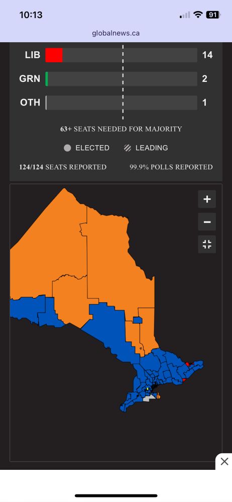 Election map of Ontario. NDP controls the five northern ridings, but the ones down south are worth significantly more.