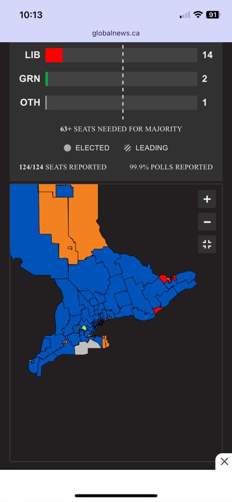 Election map of southern Ontario. Most areas are blue, the colour of the Conservatives, except for a fee blips of orange NDP and red liberals, mostly in the larger cities