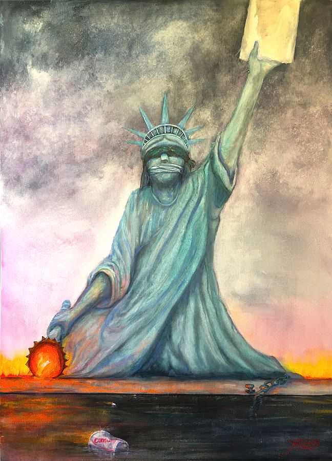 Lady Liberty statue collapsed to her knees, right hand with the torch lowered to the ground. Her left arm extends upwards, holding the Constitution. in the foreground is sludge and floating trash.