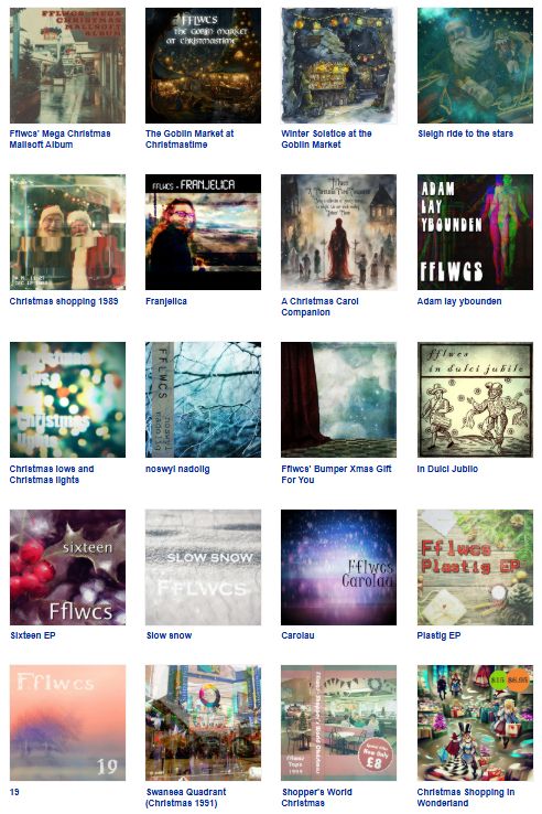 The covers of 20 Fflwcs Christmas albums.