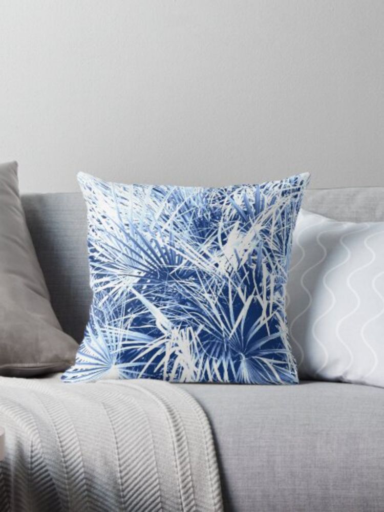 "Palm Fronds Blue and White Duo Tone Abstract Photography" Pillow for Sale by taiche