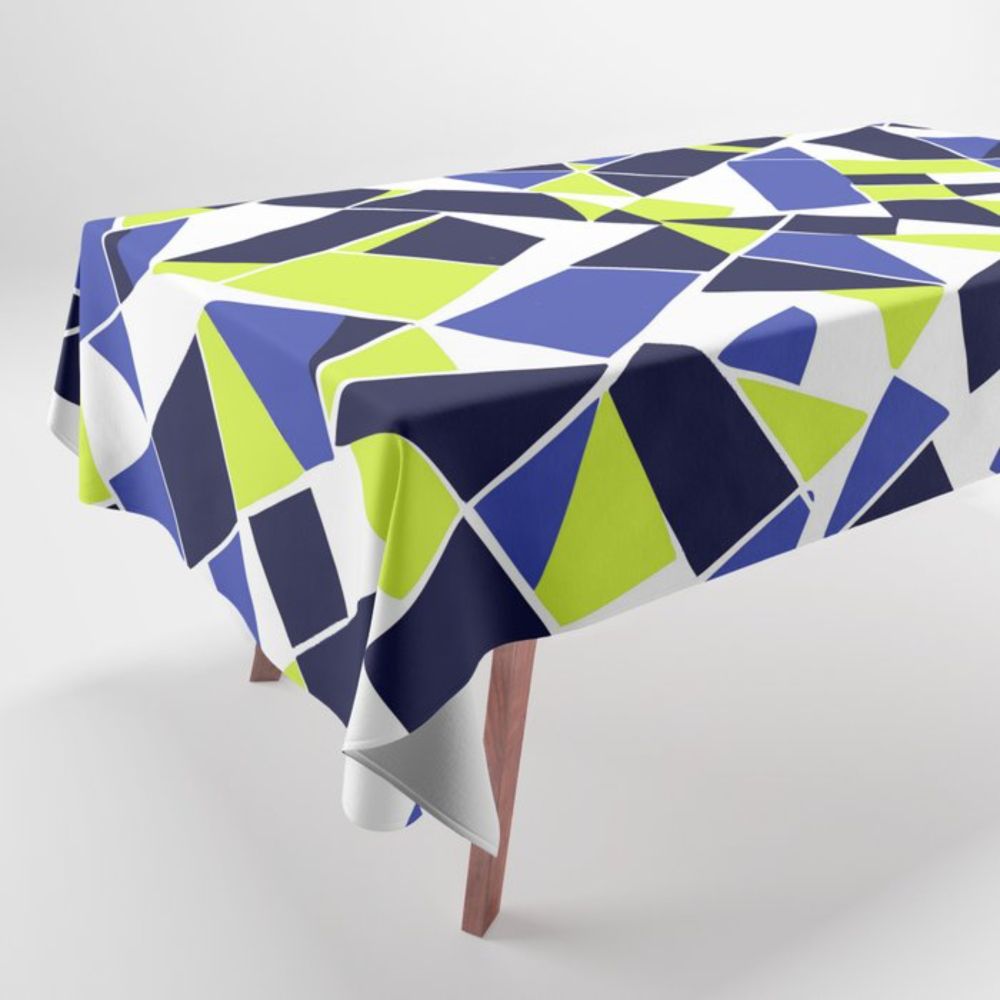 Geodesic Geometric Abstract Art 2 Blue and Lime Yellow Tablecloth by taiche