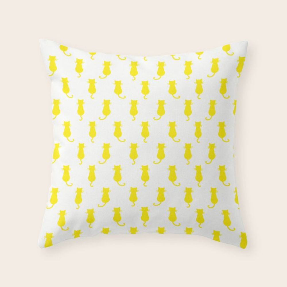 Yellow Cat Motif Polka Dot Pattern Kitty Silhouette Throw Pillow by taiche