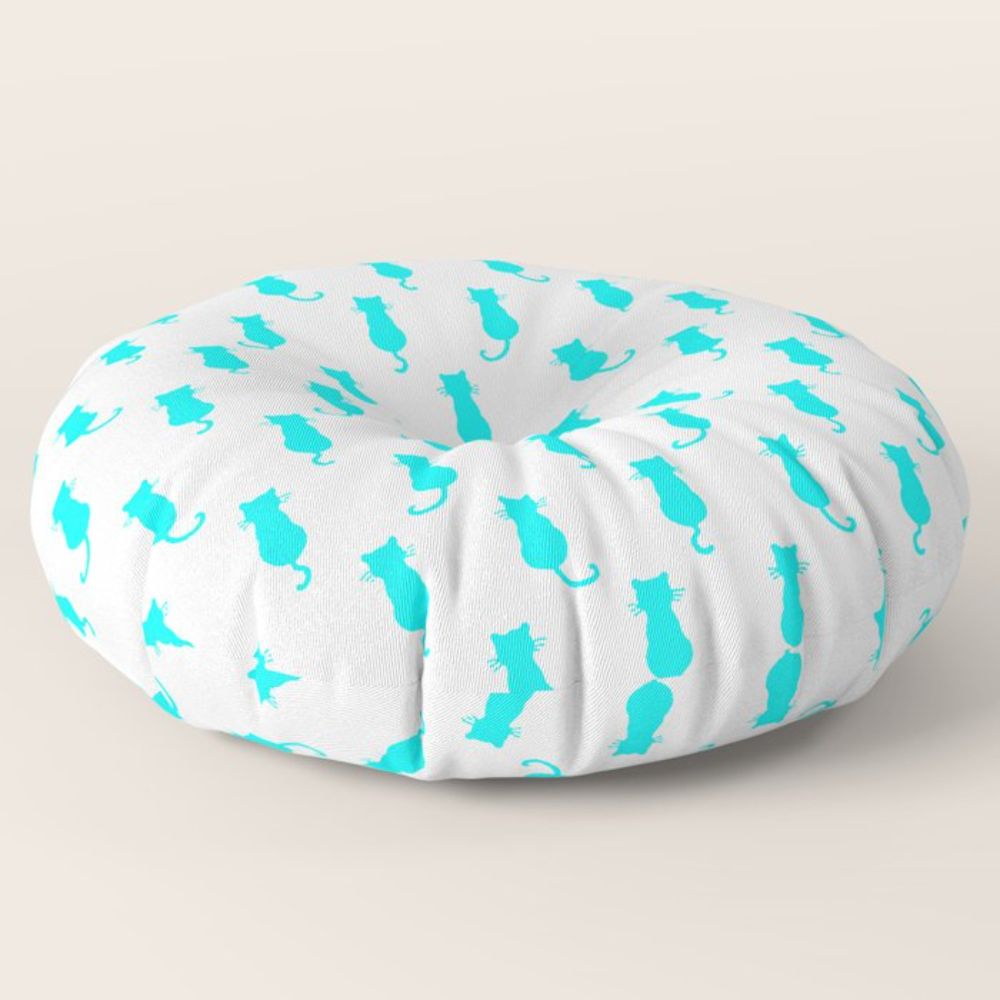 Turquoise-Blue Cat Motif Polka Dot Pattern Kitty Silhouette Floor Pillow by taiche