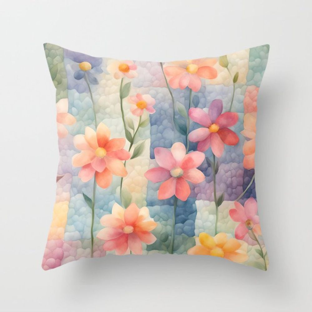 Whimsical Watercolor Cottagecore Colorful Flowers On Patchworks 3 Throw Pillow by taiche