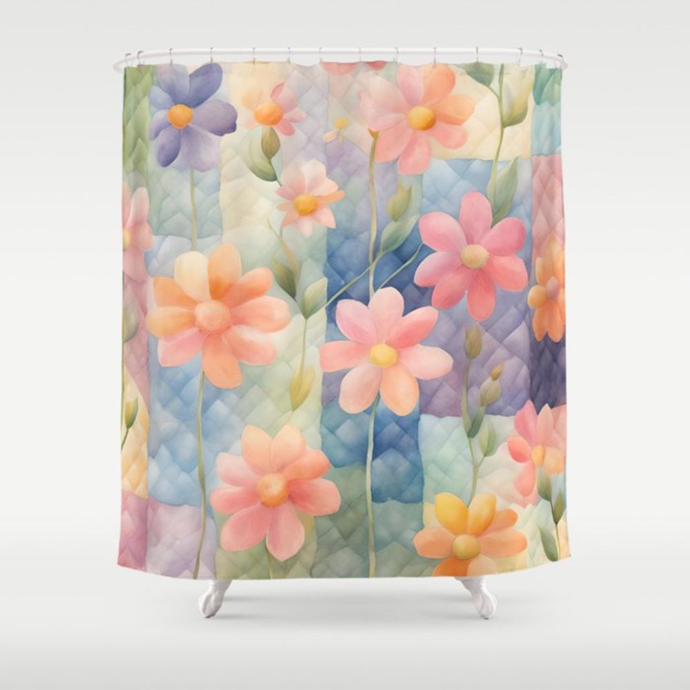 Whimsical Watercolor Cottagecore Colorful Flowers On Patchworks 2 Shower Curtain by taiche