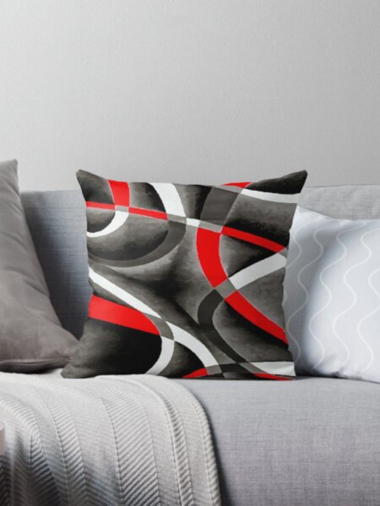 "Eighties Red White Grey Line Curve Pattern On Black" Pillow for Sale by taiche