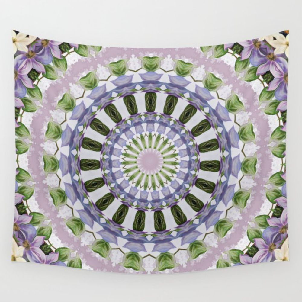 Floral Mandala Pattern Clematis Garden Wall Tapestry by taiche