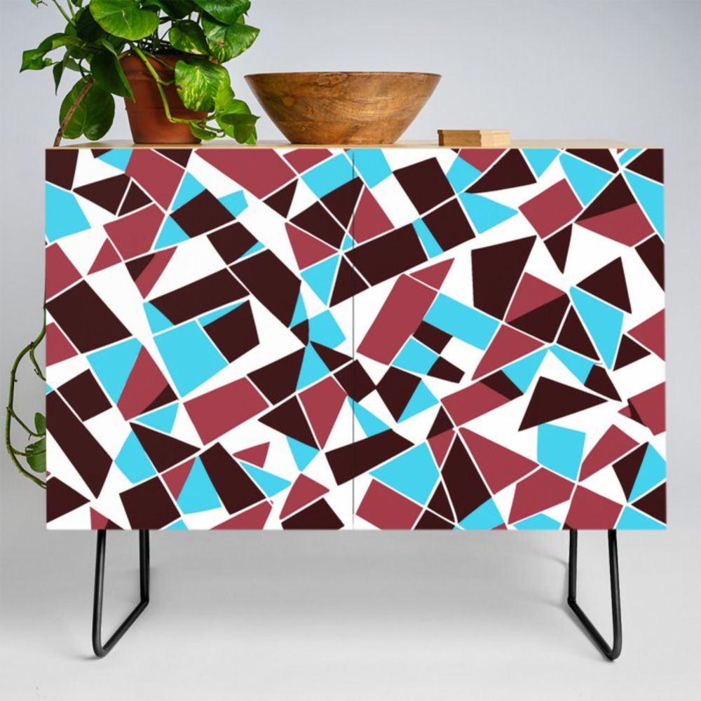 Geodesic Geometric Abstract Art 6 Red Blue Brown Credenza by taiche