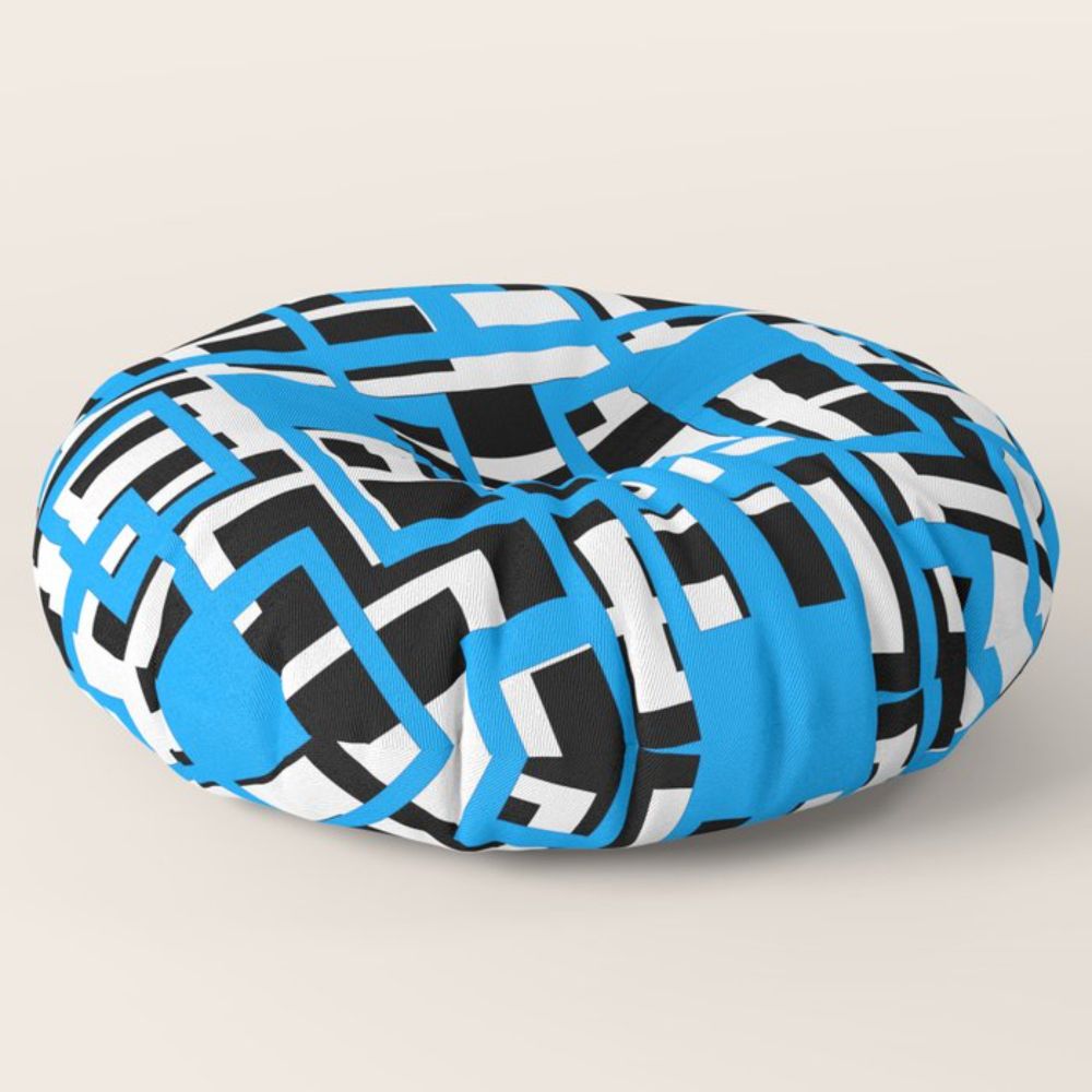 Geometric Shapes Pattern Light-Blue White Black Background Floor Pillow by taiche