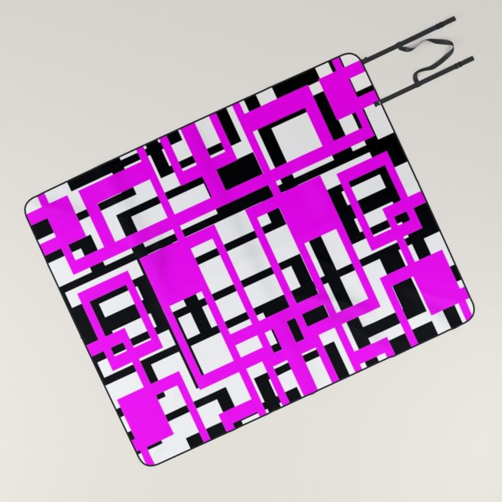 Geometric Shapes Pattern Lilac-Pink Black White Background Picnic Blanket by taiche