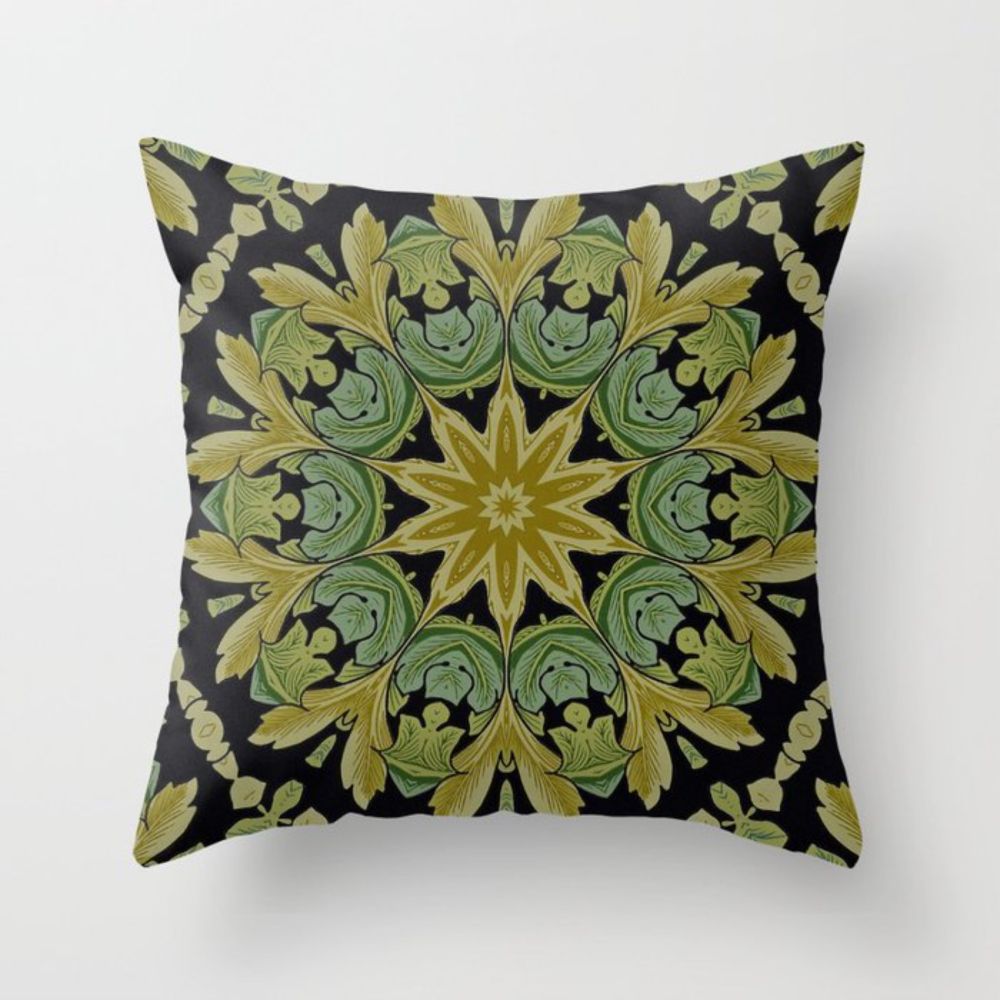 Mandala of Ailanthus Leaves On Black Throw Pillow by taiche