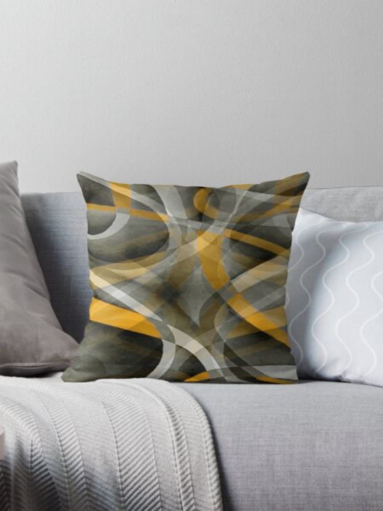 "Eighties Mustard Yellow On Grey Abstract Curve Pattern" Pillow for Sale by taiche