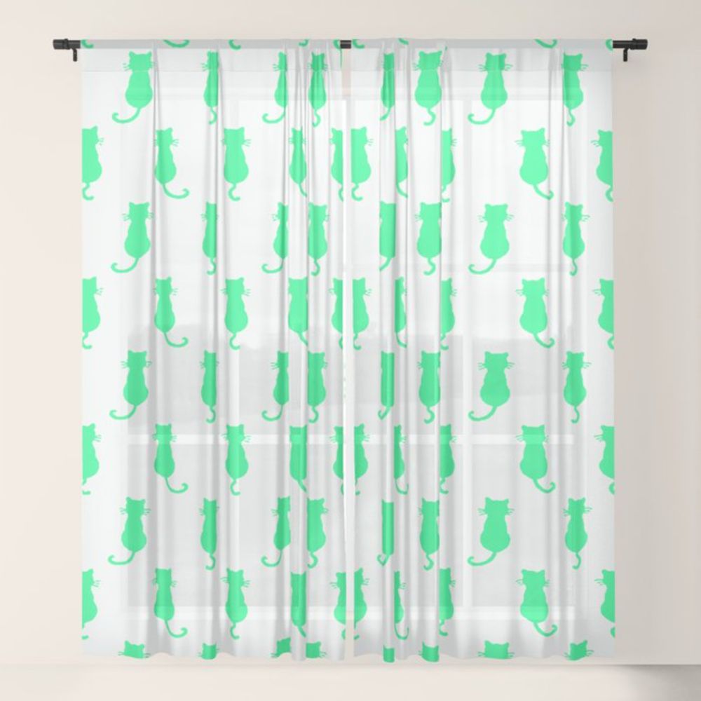 Aqua-Green Cat Motif Polka Dot Pattern Kitty Silhouette Sheer Curtain by taiche