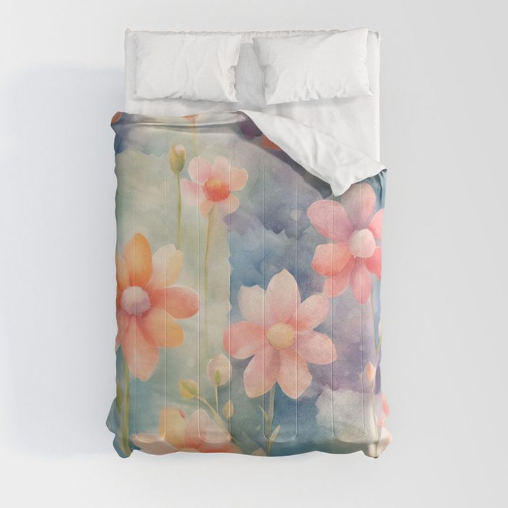 Whimsical Watercolor Cottagecore Colorful Flowers On Patchworks 1 Comforter by taiche