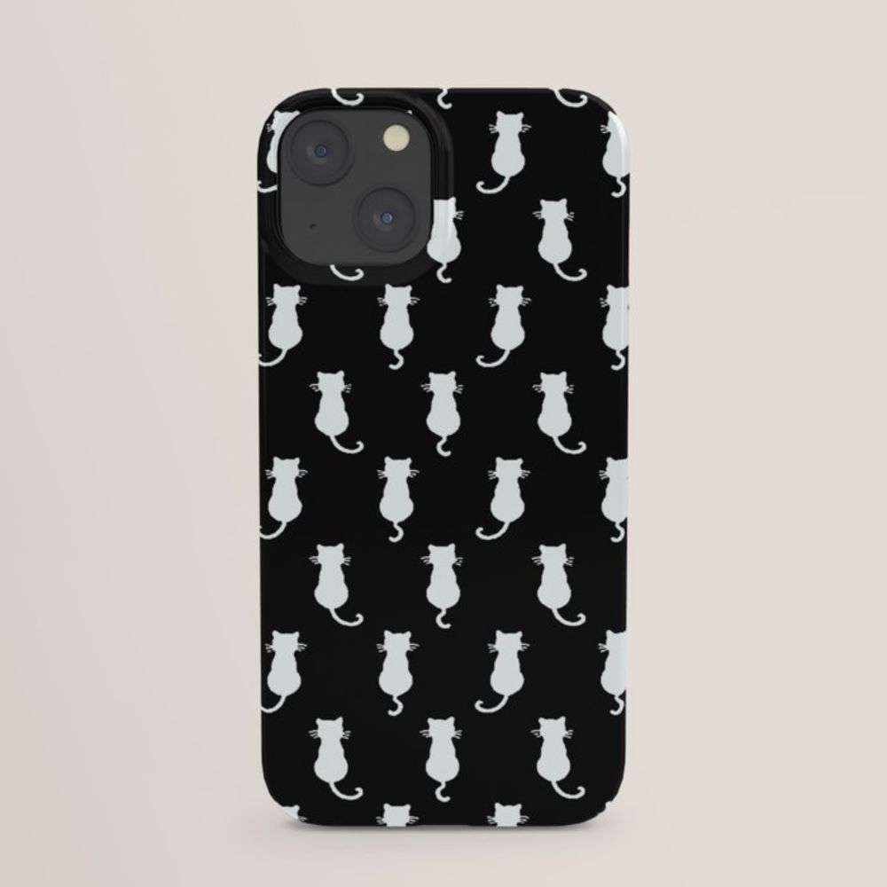 White Cat Polka Dot Pattern Black Background iPhone Case by taiche