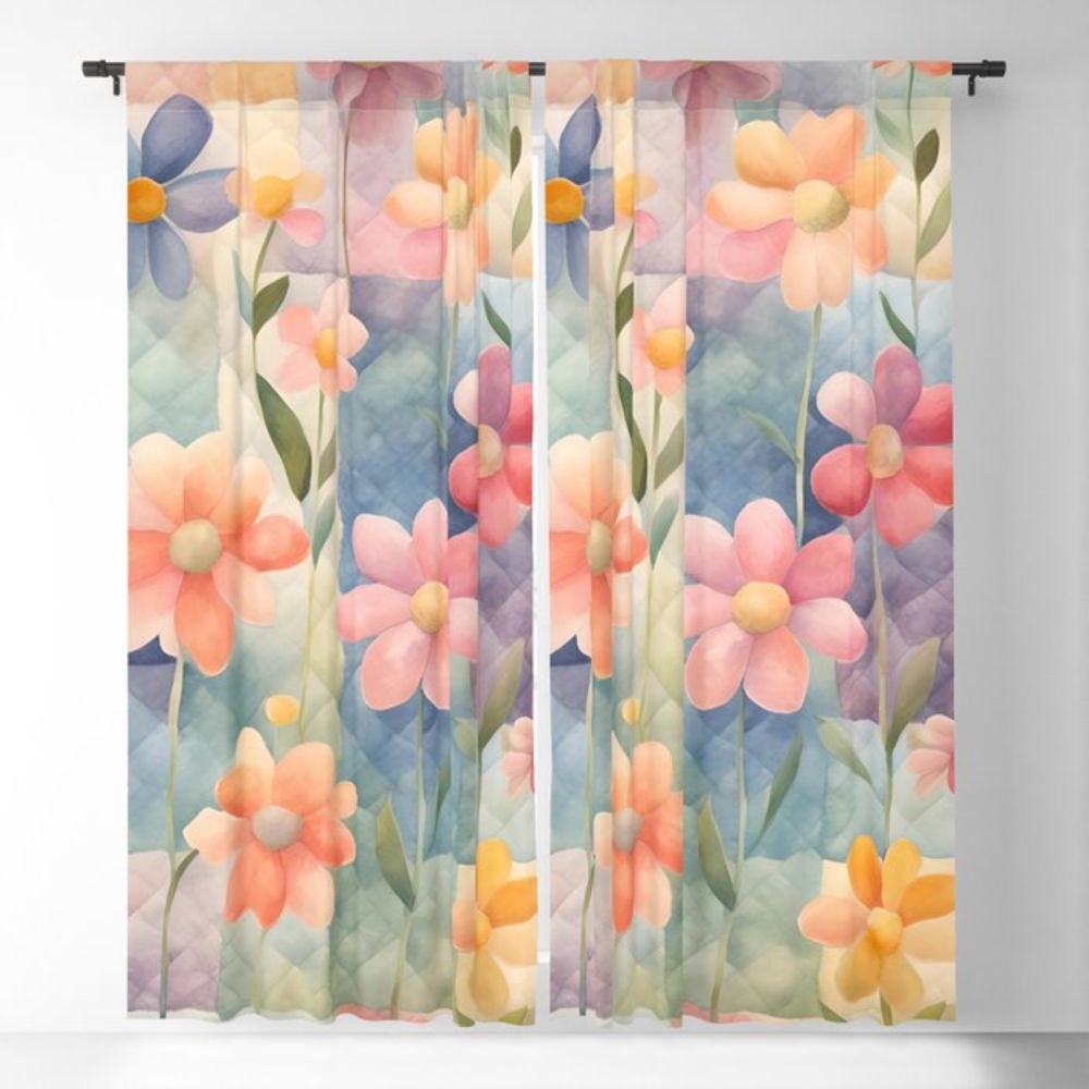 Whimsical Watercolor Cottagecore Colorful Flowers On Patchworks 4 Blackout Curtain by taiche