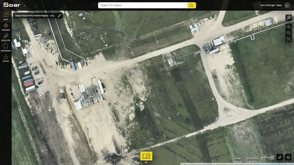 A screenshot of a NOAA aerial imagery map on Soar, focused on Firefly Space's facility in Briggs, Texas.