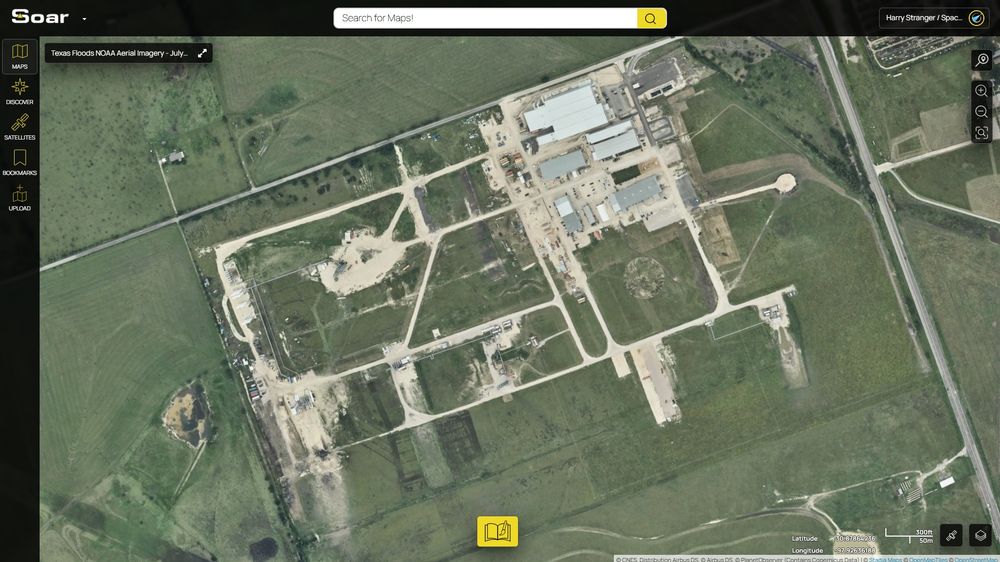 A screenshot of a NOAA aerial imagery map on Soar, focused on Firefly Space's facility in Briggs, Texas.