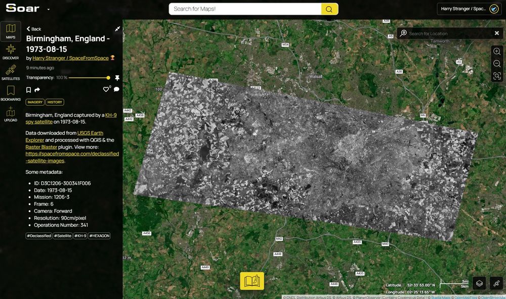 A screenshot of Birmingham, England, captured by a KH-9 HEXAGON spy satellite on August 15, 1973 on Soar.