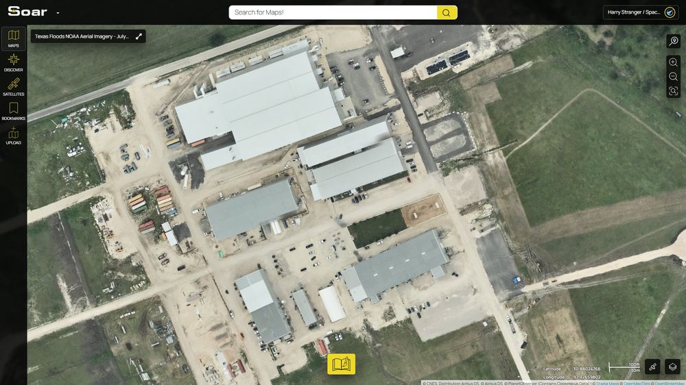 A screenshot of a NOAA aerial imagery map on Soar, focused on Firefly Space's facility in Briggs, Texas.