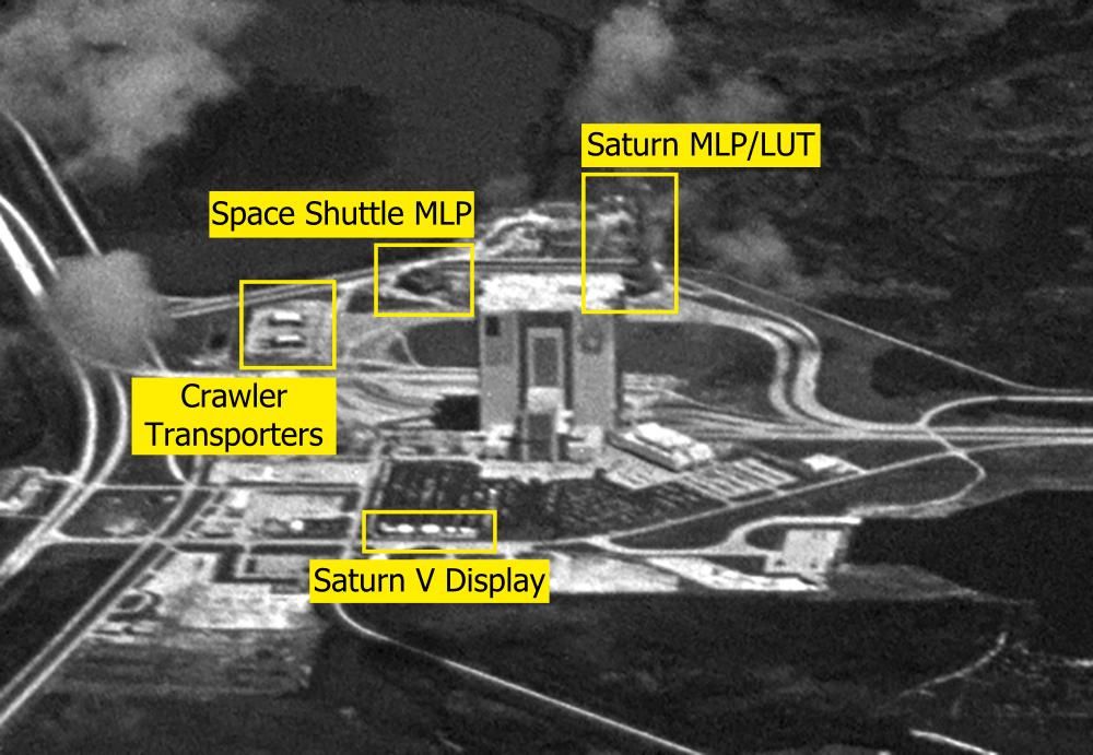 A declassified KH-9 HEXAGON spy satellite image of Florida's Space Coast on July 21, 1978. The scene shows an awesome high off-nadir view of Florida's Space Coast including NASA's VAB, a Saturn V rocket display, and more. (Labelled)