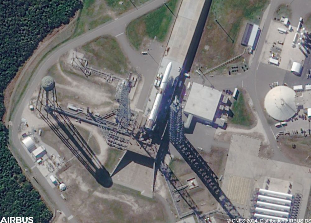 A high resolution satellite image of Blue Origin's New Glenn rocket laying on its launch pad on December 2, 2024.