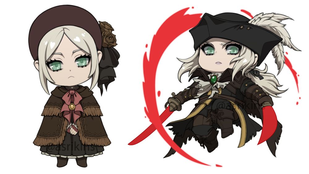 Chibi illustrations of the Plain Doll and Lady Maria from Bloodborne