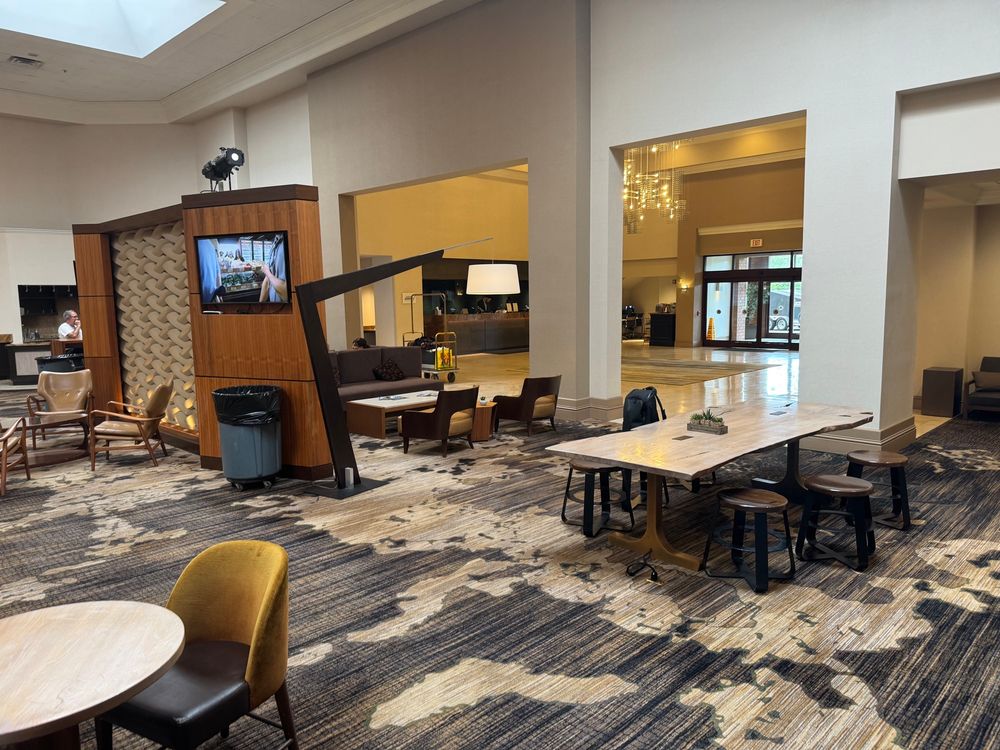 Tables in a hotel lobby