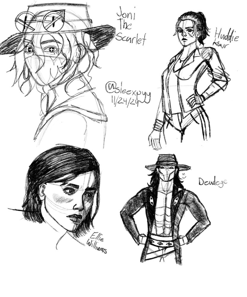 doodles of joni the scarlet and deadeye from fortnite, haddie kaur from dead by daylight and ellie from the last of us 2 