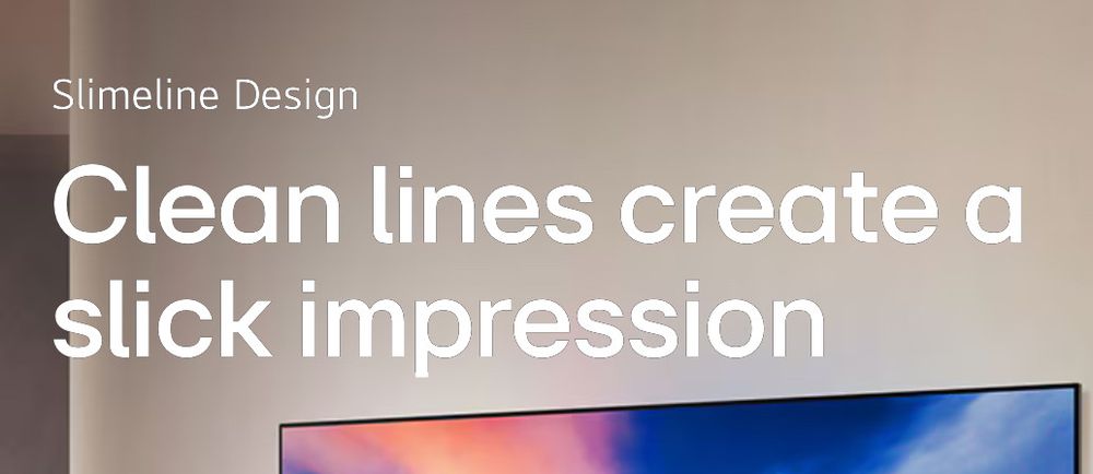 Homepage Screenshot showing the caption „Slimeline Design“ for a TV. 