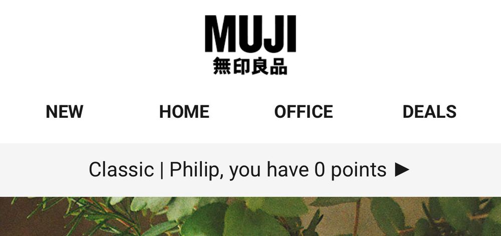 A screenshot from the website of Japanese retailer MUJI, showing the text „classic | Philip, you have 0 points“