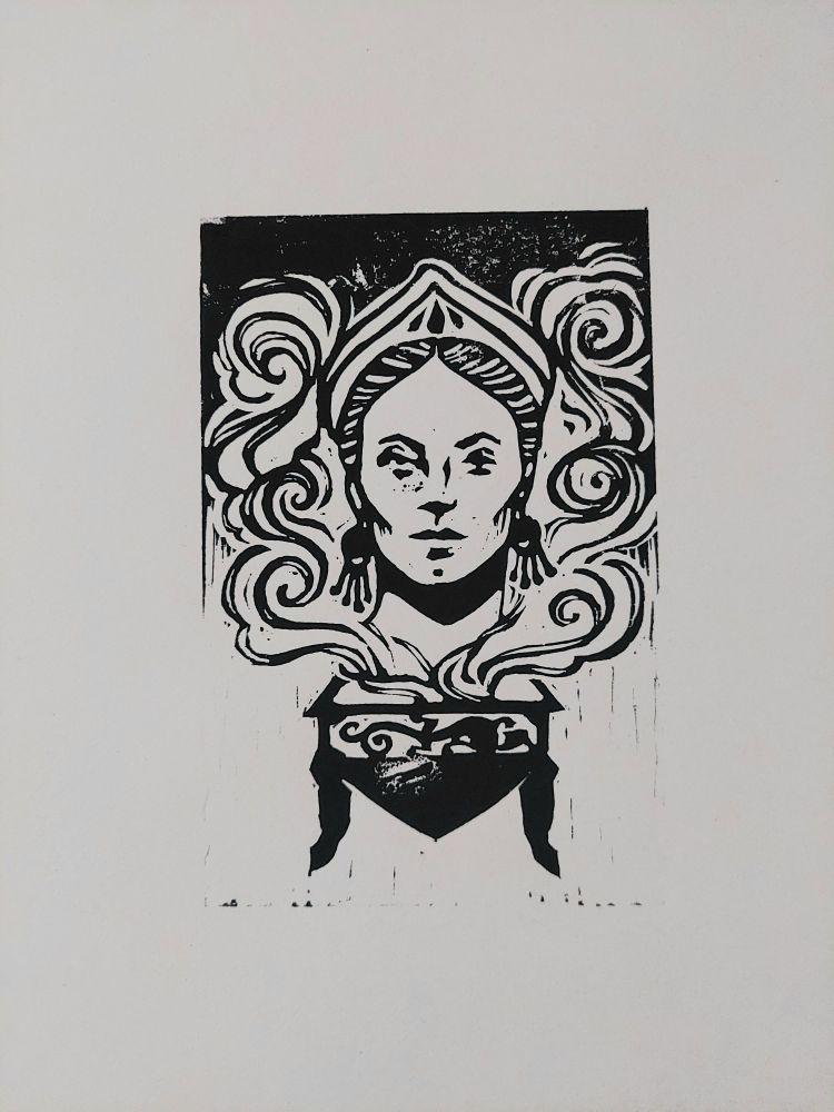 Black print of Medea - woman's head wearing a crown with small cauldron below and smoke filling background. On white paper