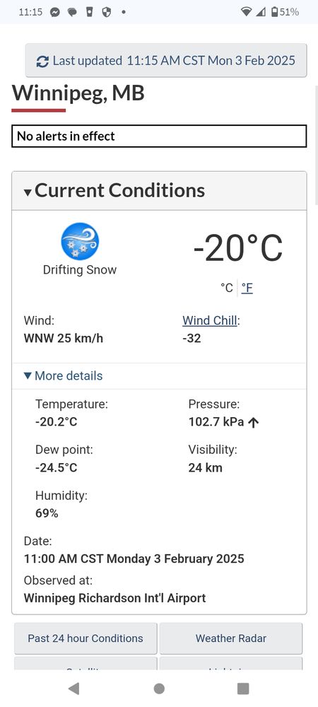 Weather screenshot Feb 3 . Minus 20 C. Minus 32 windchill