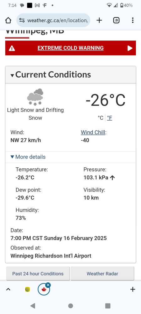 Screen shot of weather in Winnipeg on Sunday at 7pm. Minus 26C. Minus 40 windchill