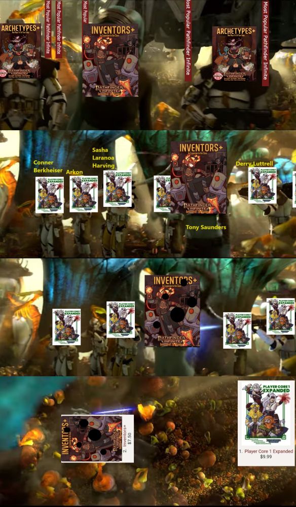 A star wars prequel meme of order 66 with Sasha Laranoa Harving, Conner Berkheiser, Arkon, and Derry Luttrell taking the number 1 spot on the popular wheel from Inventors+ cowritten by Tony Saunders and Derry Luttrell with Player Core 1 expanded depicting the slaughter of a jedi master by their ex-comrades who co wrote Archetypes+.