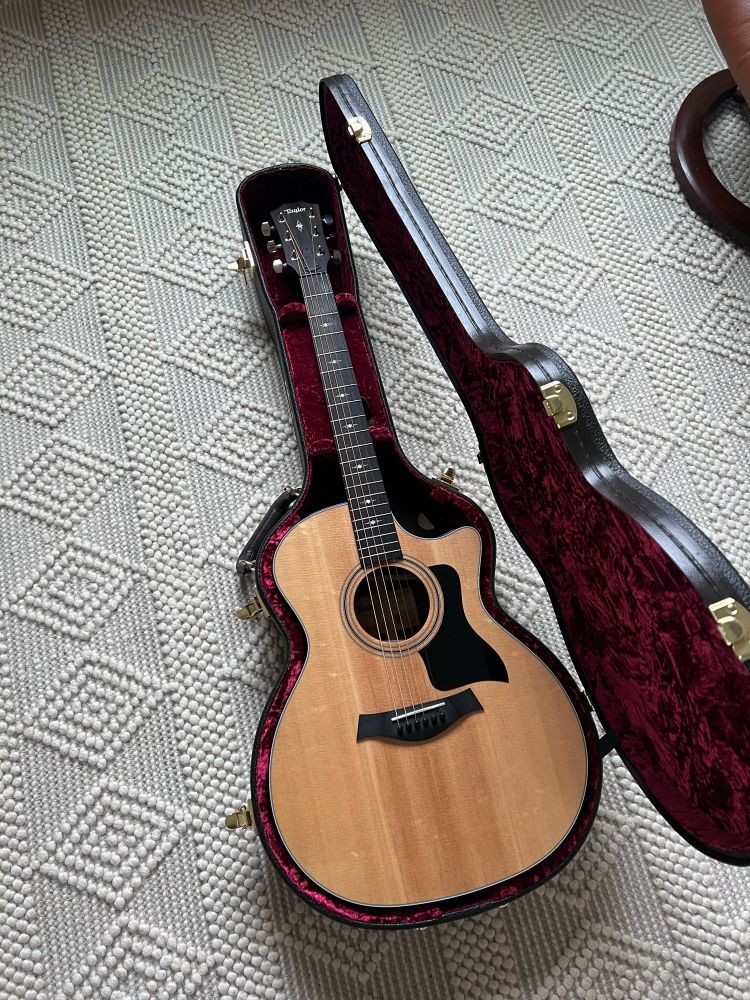 An acoustic guitar sitting in an open case on a white rug. The guitar is a Taylor 314ce and the inside of the case of a fluffy red material.
