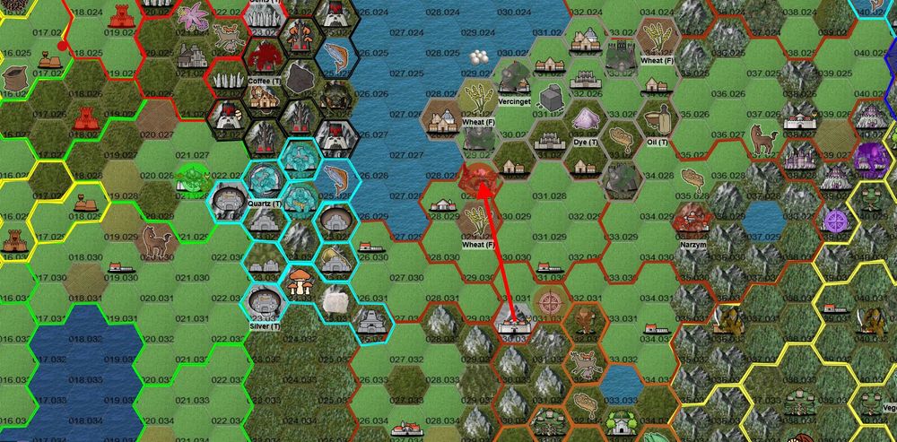 A map of a portion of the fictional world of Anacra. The realm of Narzym, a province of the fascist Iron Empire, is directly below an inland sea called the Seolach. In one of Narzym's settlements on the shores of the Seolach, two armies -- one rebel, one imperial -- occupy the same hex. A red arrow points from a Narzym castle in the south to the settlement on the shore. This indicates the path Narzym's army took, and the place where the battle (which Narzym won) took place.