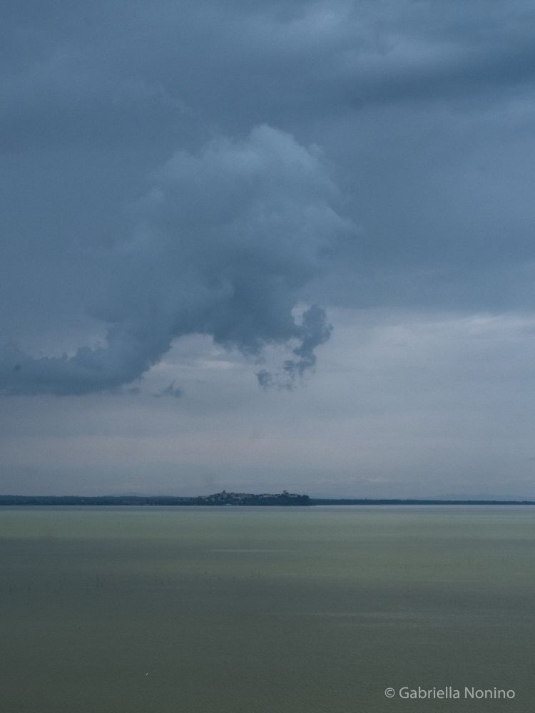 The green surface of the lake before the storm. In the far is a landmass with a barely visible outline of a city. Above it is a menacing cloud curling like a wave. 