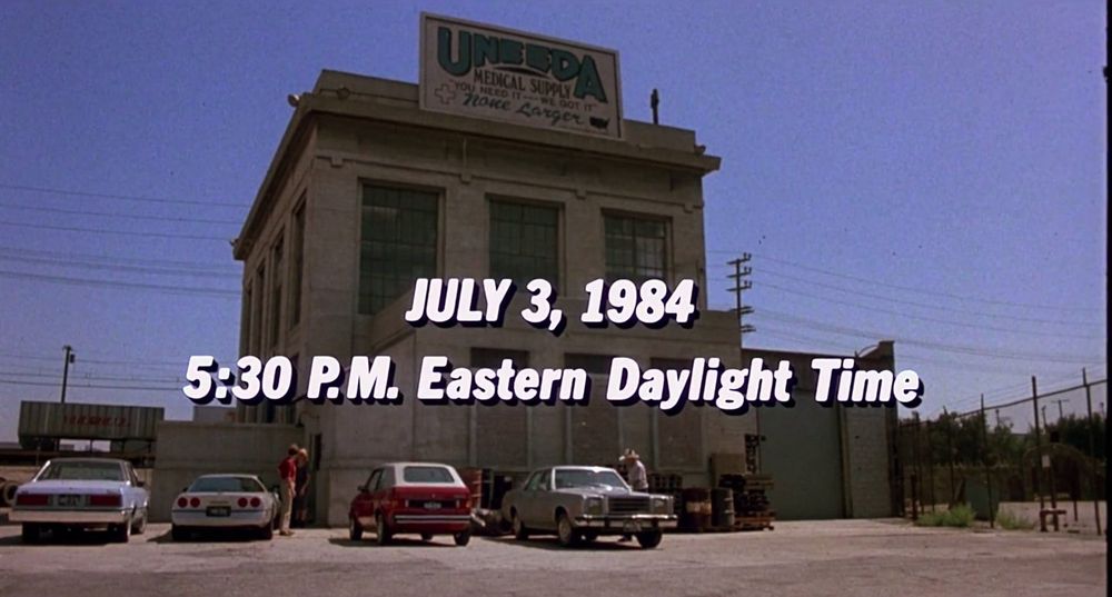 The Uneeda warehouse from Return of the Living Dead, with the date July 3, 1984. 
