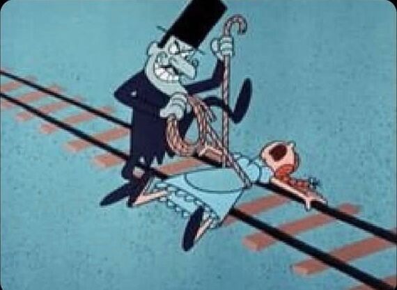 Cartoon villain with a hat and mustache tying a woman to train tracks