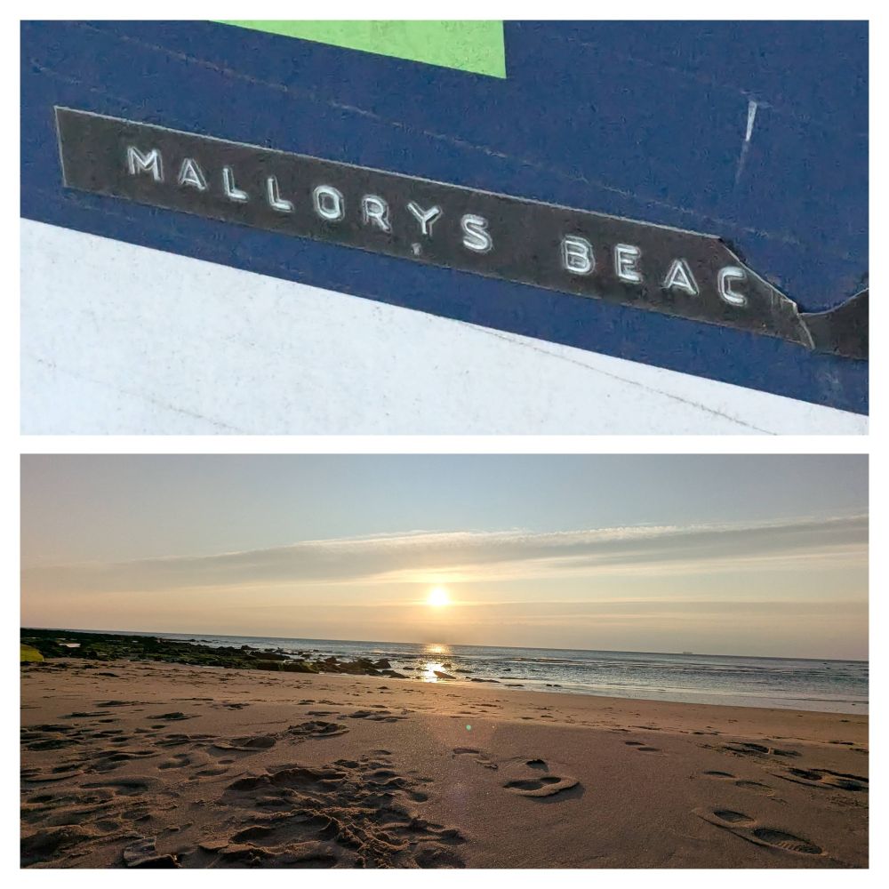 Picture of sign saying Mallorya Beach and sunrise at King Edwards Bay.
