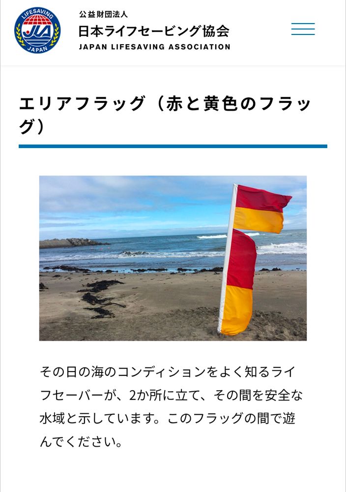 Japan Life Saving page showing red and yellow beach flags. 