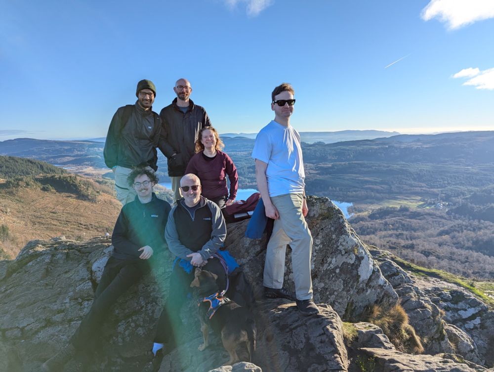 6 of our members plus one dog at the top of Ben A’an on a beautiful clear day 