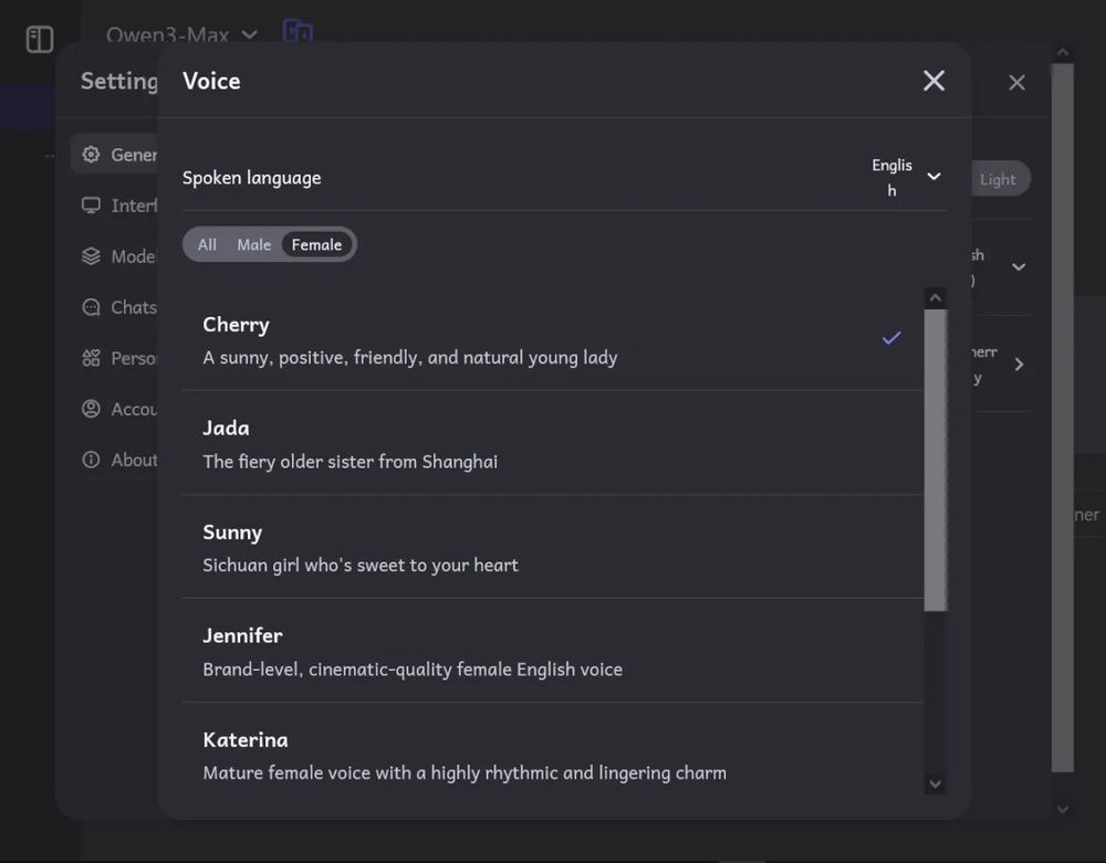 A section of he QWen AI chatbot's provided voice models: Cherry is a sunny, positive, friendly, and natural young lady; Jada is the fiery older sister from Shanghai; Sunny is the Sichun girl who's sweet to you heart; Jennifer is a brand-level, cinematic-quality female English voice, Katerina is a mature female voice with a highly rythmic and lingering charm.